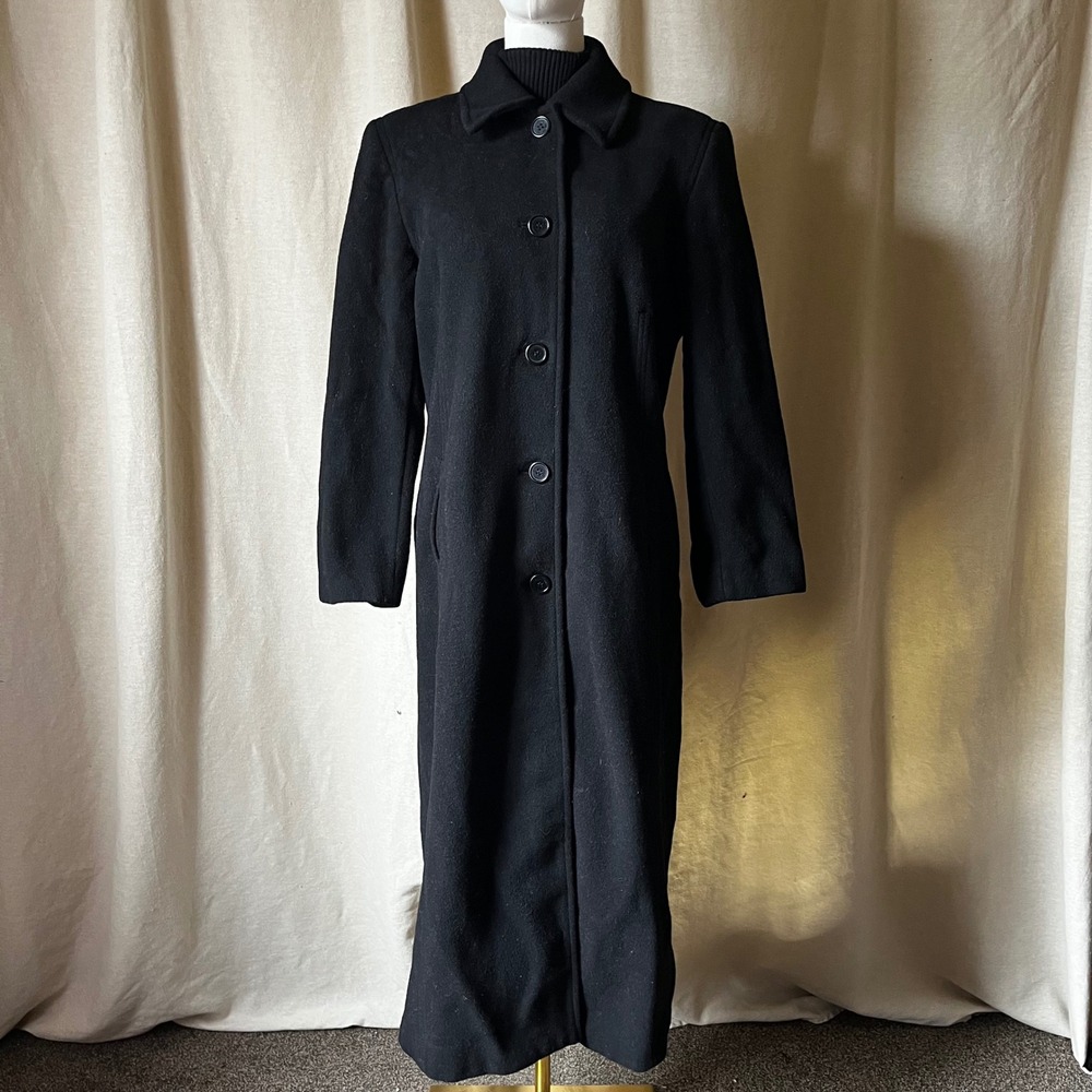 Liz‎ Claiborne 100% Lambswool Long Black Coat Size 10 Vintage 90s